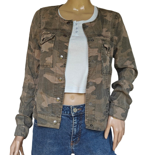Lucky Brand Camo Lyocell Utility Jacket Snap Front Collarless Women