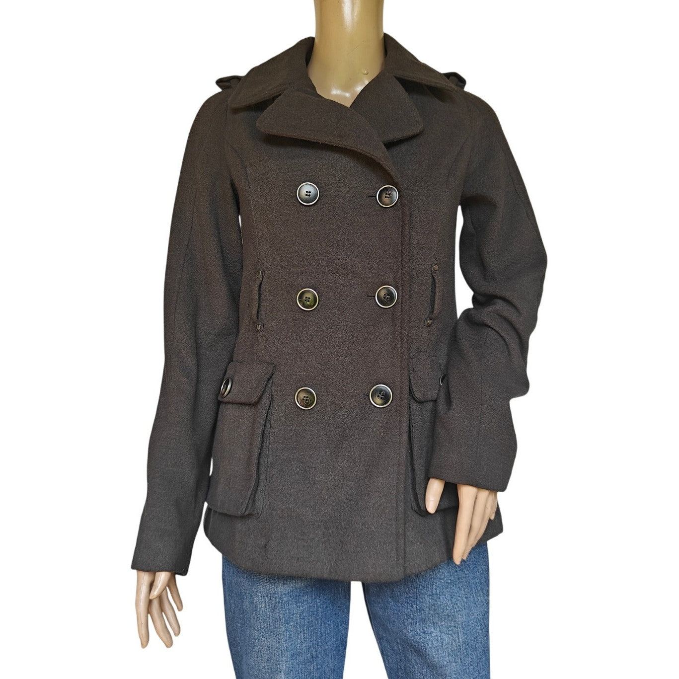 Hydraulic Double-Breasted Peacoat Jacket Women’s S Gray Faux Wool Floral Lining