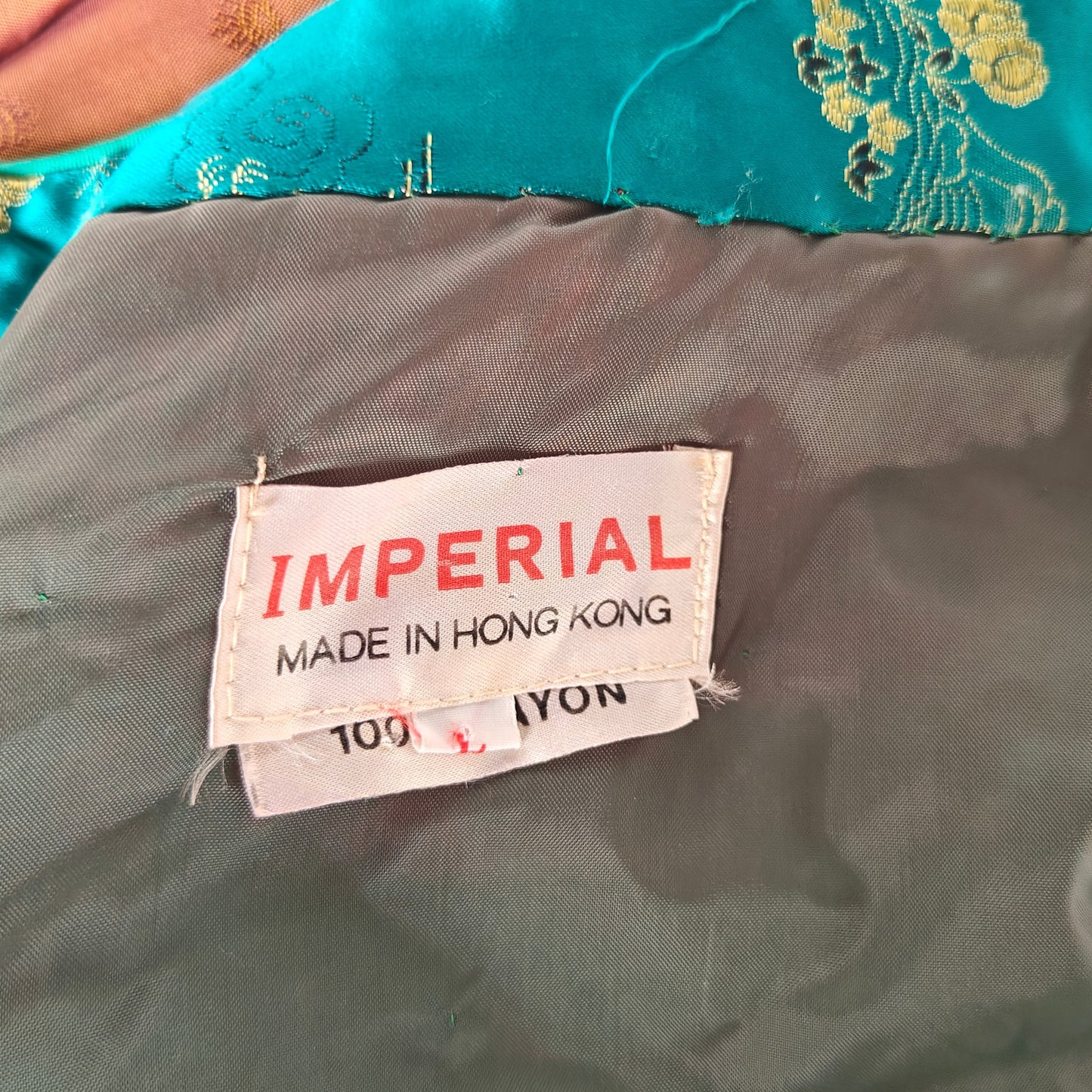 Vintage Imperial Hong Kong Teal Satin Brocade Jacket Floral Embroidered M