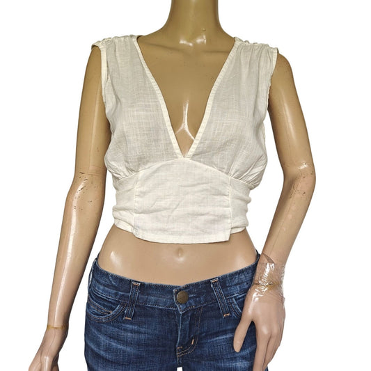 ZARA Linen-Blend Plunge Crop Top Ivory Sleeveless Bustier Wrap Waist – Size S, Made in Portugal