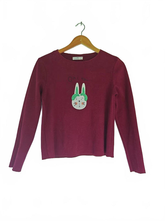 Cute Burgundy Graphic Sweater with Kawaii Bunny Women’s Long Sleeve Pullover