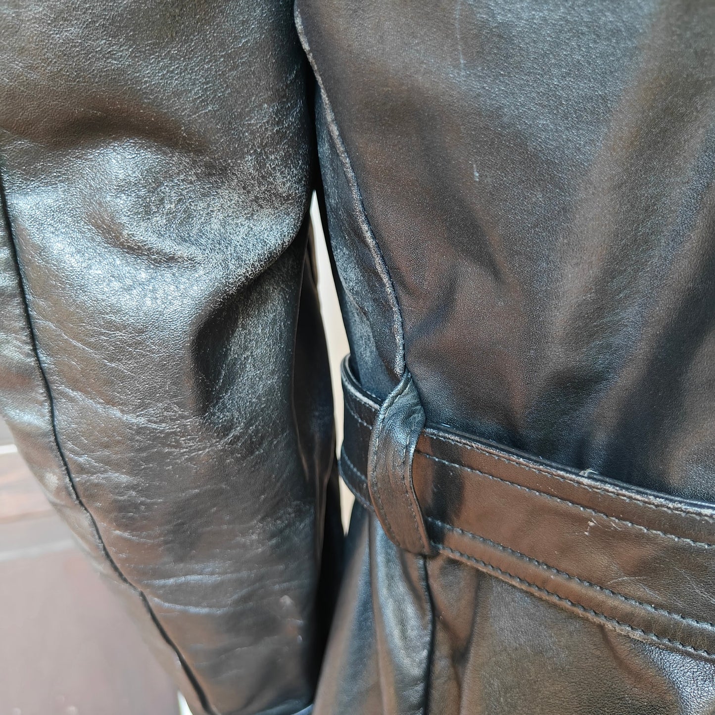 Men’s Black Leather Trench Coat Belted Zip-Out Liner Size 42 Military Style