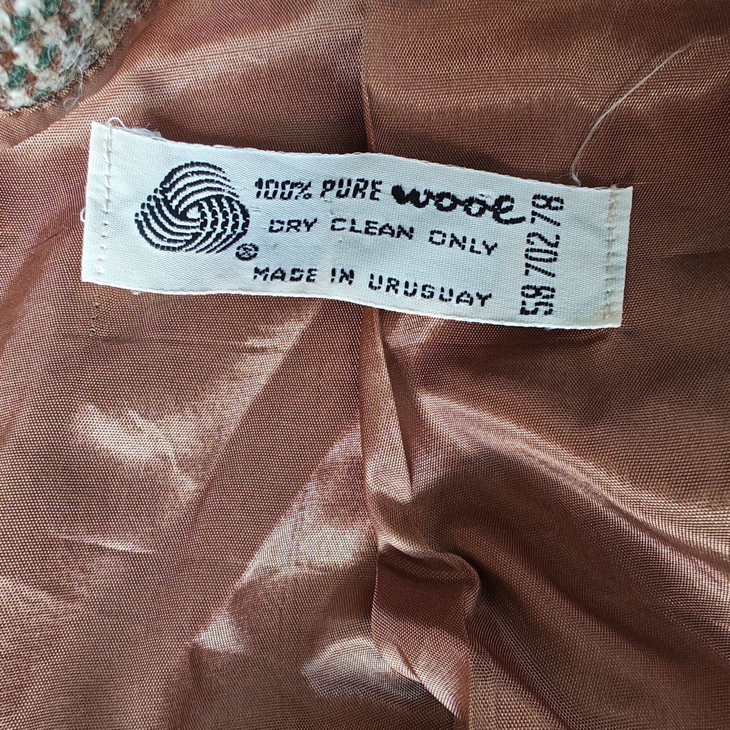 Vintage 70s Wool Tweed Jacket Made in Uruguay Brown Checkered Houndstooth Coat
