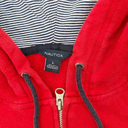 Nautica Red Full Zip Hoodie Sweatshirt with Embroidered Logo Size L