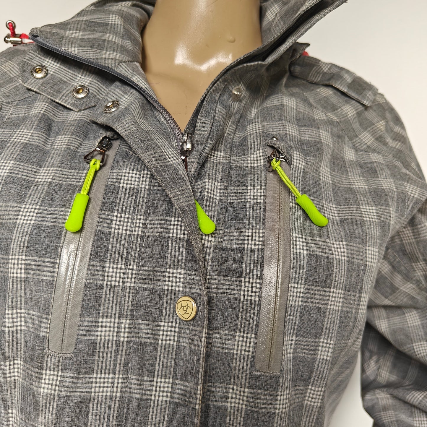 Ariat Plaid Softshell Field Jacket XS Gray Waterproof Zip Pockets Equestrian