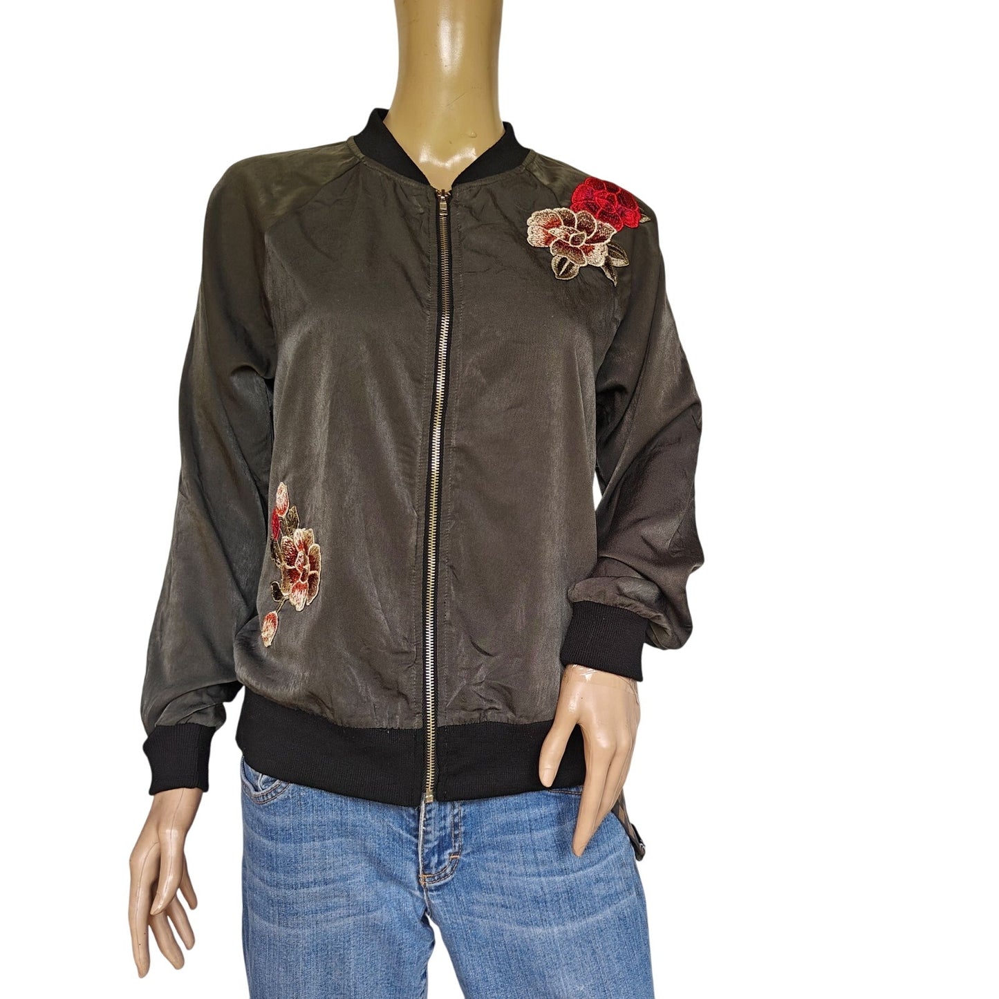 West Kei Floral Embroidered Lightweight Bomber Jacket Zip Front Size S