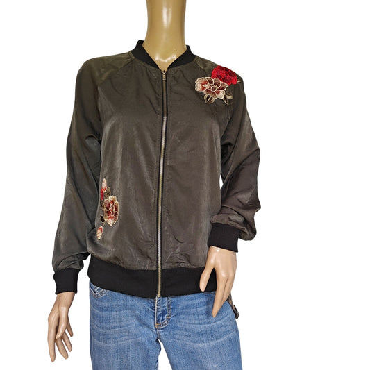 West Kei Floral Embroidered Lightweight Bomber Jacket Zip Front Size S