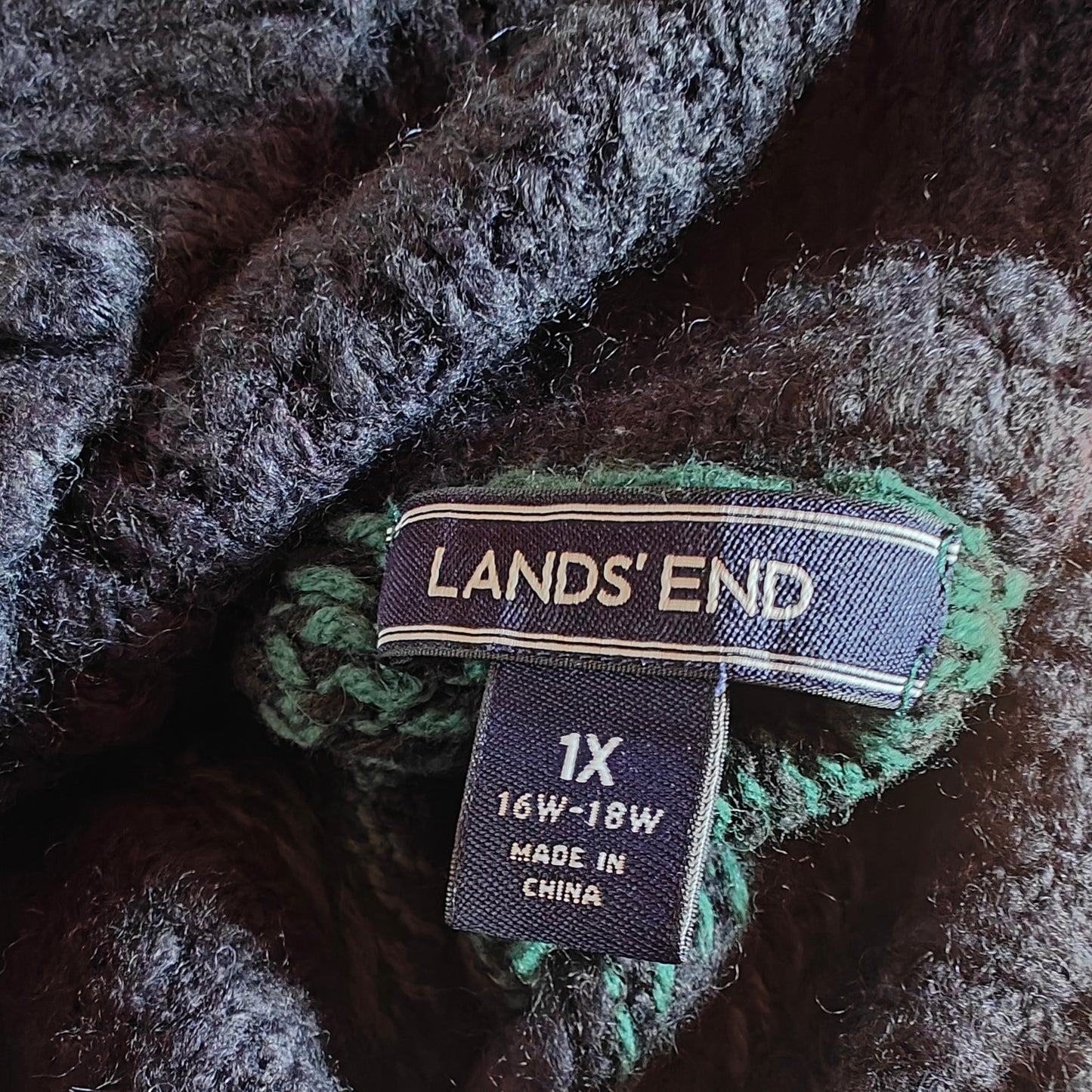 Lands’ End 1X Plaid Cowl-Neck Poncho Sweater Navy/Green Tartan