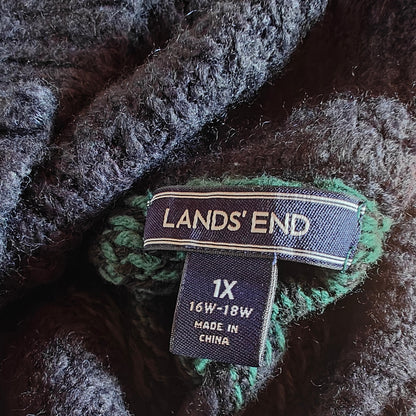 Lands’ End 1X Plaid Cowl-Neck Poncho Sweater Navy/Green Tartan