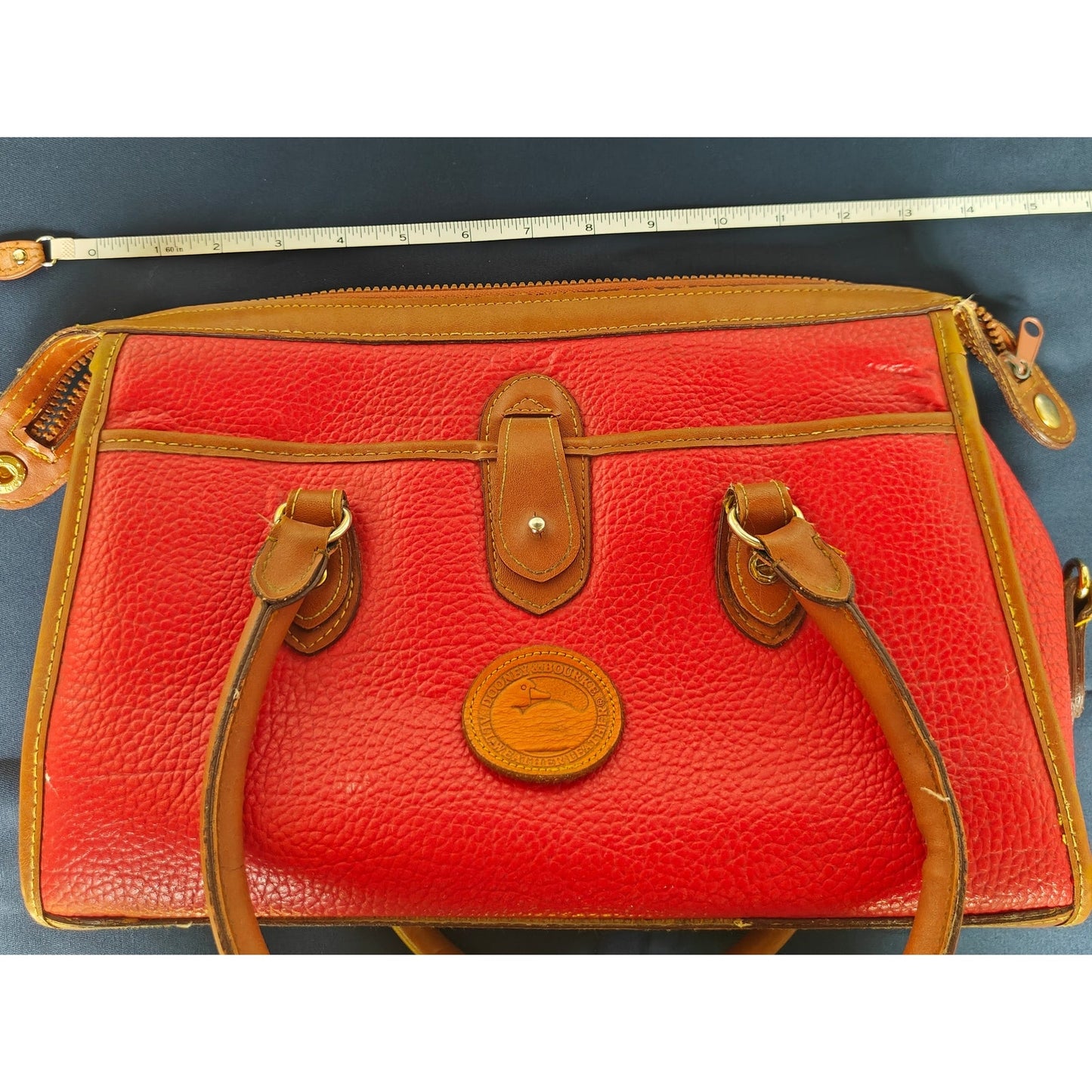 Dooney & Bourke All Weather Leather Satchel – Red Pebbled w/ British Tan Trim, Zip-Top, Vintage 80s/90s