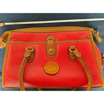 Dooney & Bourke All Weather Leather Satchel – Red Pebbled w/ British Tan Trim, Zip-Top, Vintage 80s/90s