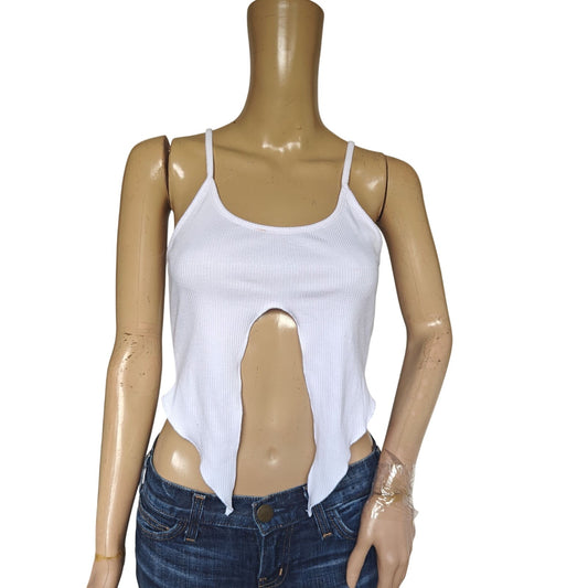 Urban Outfitters Ribbed Cutout Crop Tank Top White Sz S – Spaghetti Straps, Sharkbite Hem, Y2K