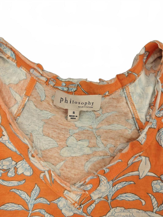 PRC Orange Floral Ruffle-Sleeve Blouse - Size S