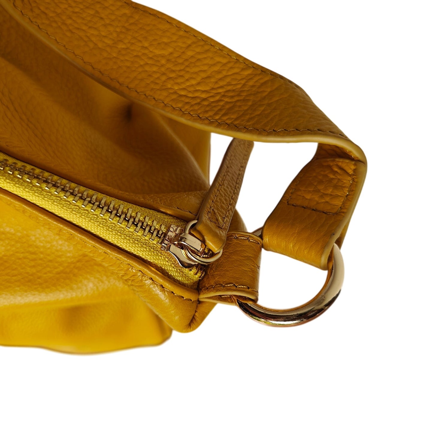 Laggo Pebbled Leather Hobo Shoulder Bag Mustard Yellow – Zip Top, Studded Front Pocket, Gold Hardware