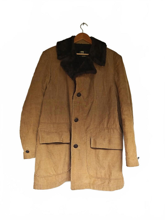 Vintage Men’s Corduroy Coat Brown Button Front Jacket with Faux Fur Collar