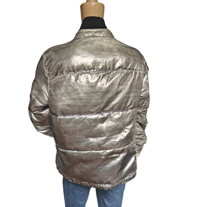 UGG Metallic Silver Puffer Jacket Coat Women’s L | High Neck, Drawcord Hem