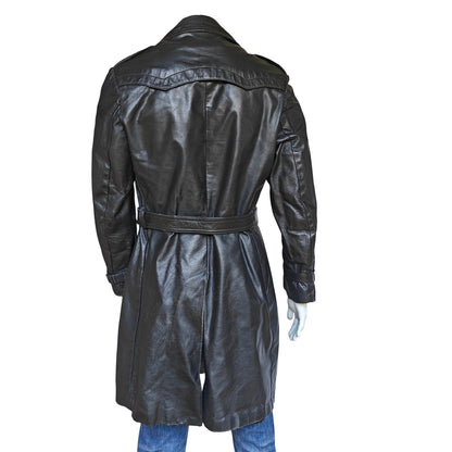 Men’s Black Leather Trench Coat Belted Zip-Out Liner Size 42 Military Style