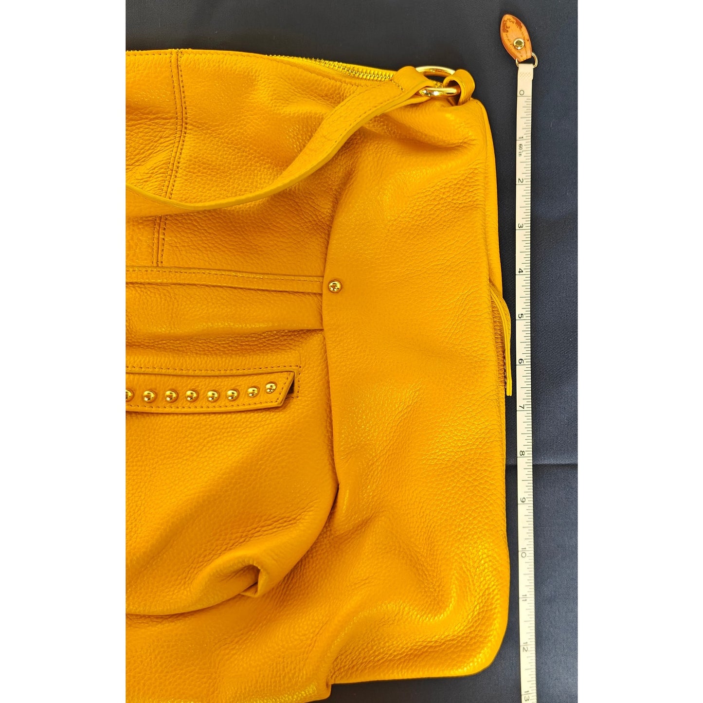 Laggo Pebbled Leather Hobo Shoulder Bag Mustard Yellow – Zip Top, Studded Front Pocket, Gold Hardware