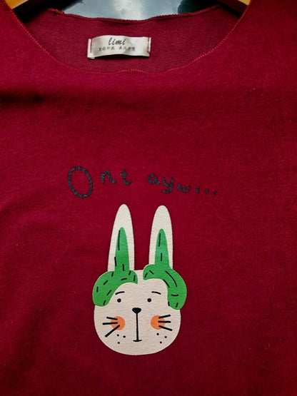 Cute Burgundy Graphic Sweater with Kawaii Bunny Women’s Long Sleeve Pullover