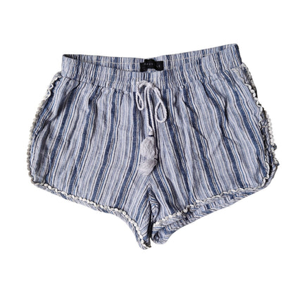 Aéropostale Striped Tassel Drawstring Shorts Blue/White Boho Pom-Pom Trim Beach Lounge