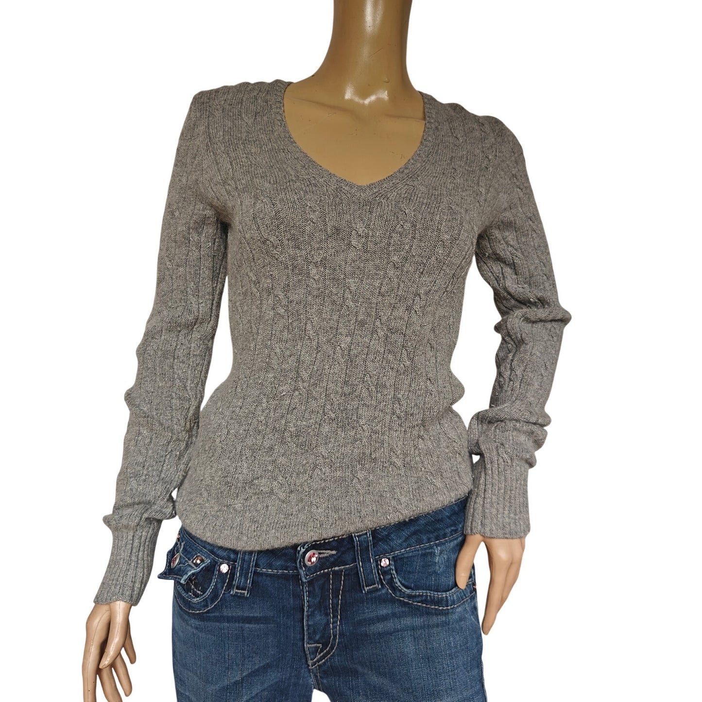 J.Crew V-Neck Cable Sweater S Gray Merino Angora Cashmere Blend