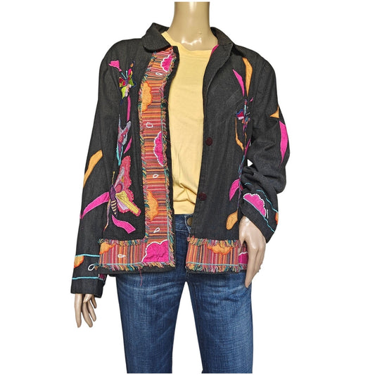 Parsley & Sage Black Embroidered Jacket Large Boho Artsy Floral Patchwork