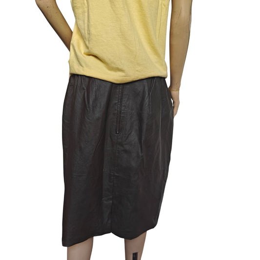 Venezia Leathers Genuine Leather Midi Skirt Brown Sz 16 | High-Waist Elastic Waistband, Lined (Vintage 90s/Y2K)