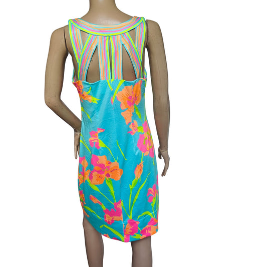 Gretchen Scott floral sleeveless shift dress M tropical turquoise pink